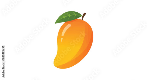 Vibrant single mango with green leaf on white background.