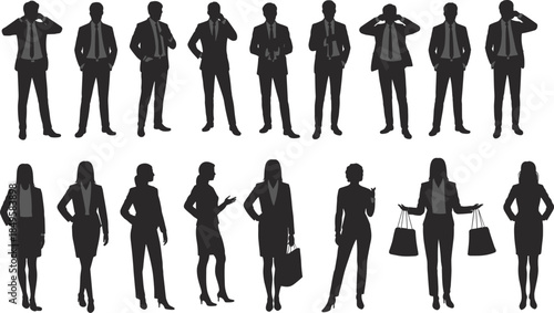 Business men and women silhouettes in formal suits standing posing professional corporate people collection isolated on white background vector
