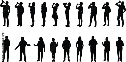 People silhouettes drinking beverages standing and talking isolated on white background men women lifestyle refreshment vector illustration set