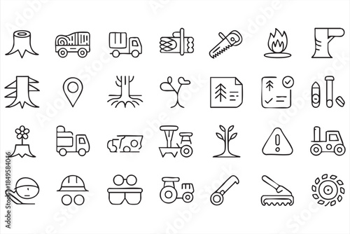 Wood Industry and Tree Cutting Outline Icons for Forestry Projects