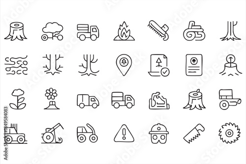 Sustainable Forestry and Wood Harvesting Line Icons Collection