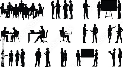 Business people silhouettes collection, corporate meetings discussions presentations office work teamwork scenes isolated on white background professional vector illustration