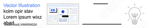 Web design, creativity, innovation, project ideas, user interface, inspiration. a website dashboard and a glowing lightbulb. Highlighting web design concepts and creativity