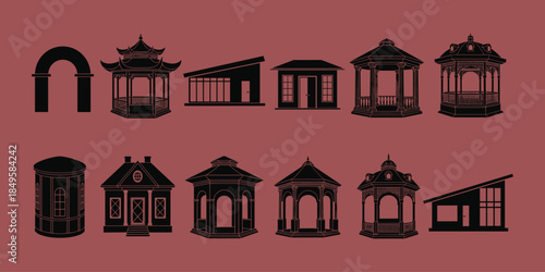 Architectural silhouette set, gazebo pavilion house, arch structure design, cultural buildings, classical forms, line art, flat vector illustration