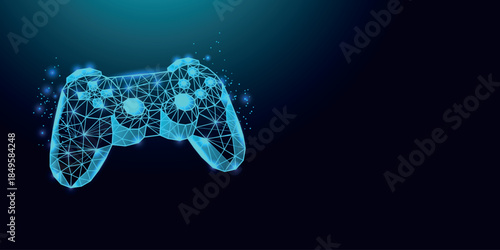 Low poly wireframe game controller on dark blue background.