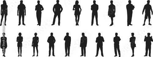 Standing people silhouettes collection, men and women front view casual poses isolated on white background human vector illustration set