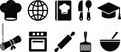 silhouette, cooking, chef, hat, globe, cookbook, knife, spoon, diploma, graduation, oven, rolling, spatula, bowl, spoon, education, culinary, black, vector, illustration