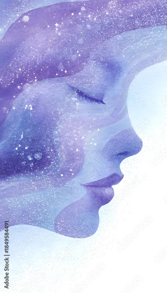 Fototapeta premium Meditating woman’s ethereal face blooms from cosmic waves a serene spiritual illustration