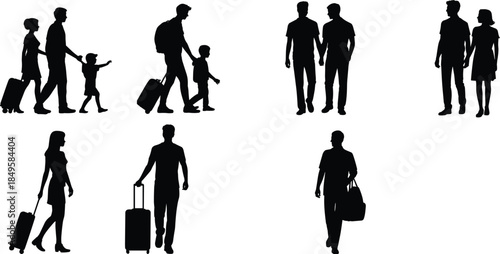 Travel people silhouettes set families couples tourists walking with luggage isolated on white background vacation journey vector illustration Travel people 