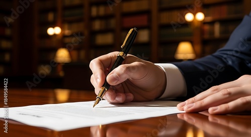 Professional Person Signing Official Document in Library Setting
