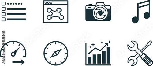 Modern outline icon set for user interface, web dashboard elements, media, analytics, settings, navigation symbols, minimalist vector icons for digital apps