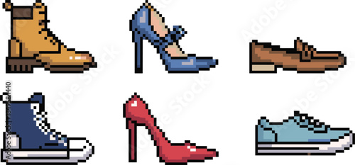 Pixel art shoe icons collection featuring boots heels loafers sneakers fashion footwear retail game ui retro design elements