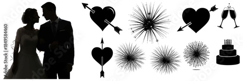 Wedding Silhouette Collection with Bride Groom Romantic Hearts and Fireworks