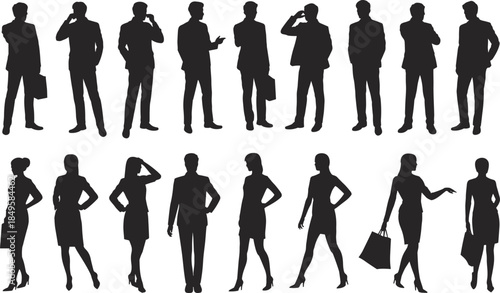 Business people silhouettes set professional men women standing talking walking isolated on white background corporate teamwork vector illustration