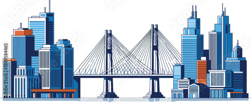 Modern urban city skyline with cable stayed bridge blue vector illustration metropolitan downtown architecture business district panorama isolated on white background for design use