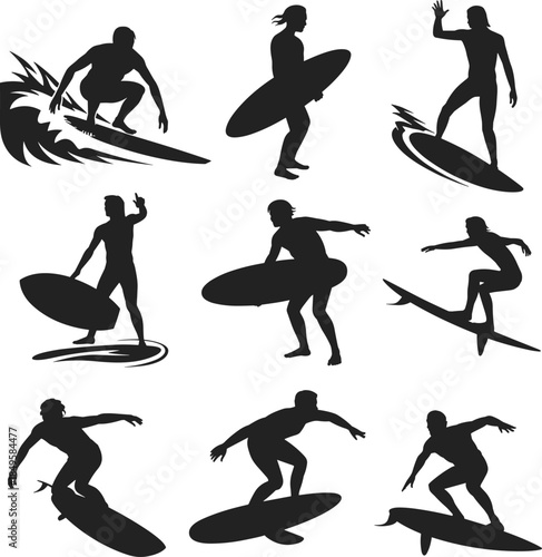 surfer, silhouette, surfing, wave, board, action, pose, gesture, black, vector, illustration, sport, ocean, dynamic, lifestyle, movement, balance, water, athletic, extreme