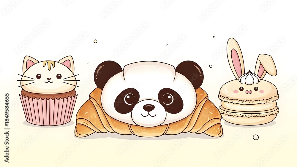 Obraz premium Delightful pastries shaped like a cat, panda, and bunny, perfect for animalthemed events, bakery menus, and whimsical food designs.