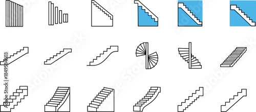 Staircase design icons collection, architectural stairs symbols set, spiral straight curved steps illustrations, vector outline graphics, construction interior exterior stair types overview