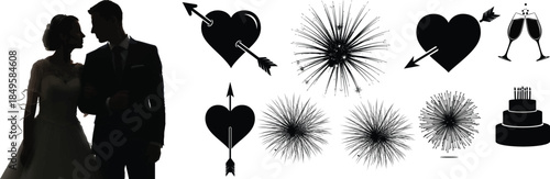 Wedding Silhouette Collection with Bride Groom Romantic Hearts and Fireworks