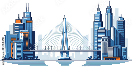 Modern urban skyline illustration with cable stayed bridge, futuristic city architecture, blue vector design, smart metropolis concept, clean minimal background, technology, business, infrastructure, 
