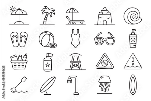 Summer Beach Line Icons for Vacation Travel UI Design