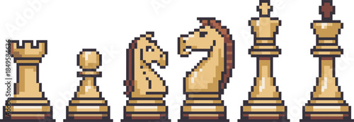 Pixel art chess pieces icon set featuring king queen rook bishop knight pawn strategy board game retro design