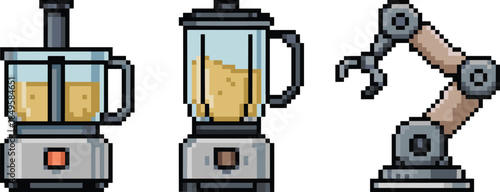Pixel art food processor, blender, robotic arm, kitchen appliance, industrial machine, vector icon, retro style, automation, cooking, technology