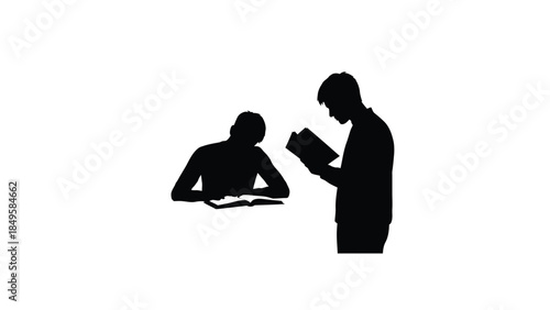 Collection of two distinct male figures demonstrating various focused activities involving reading books in silhouette and line art styles