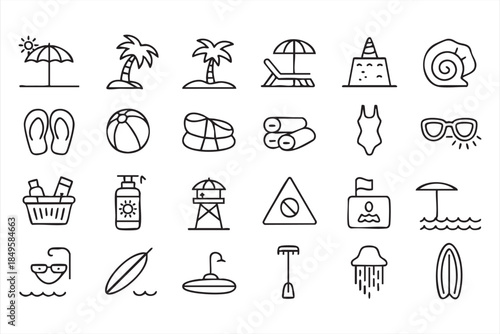 Beach Vacation Line Icons for Resort and Tourism Interfaces
