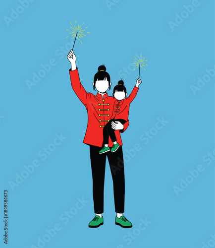 Adult and child with sparklers, red festive outfit, celebration pose, cultural joy, matching costume, flat vector illustration