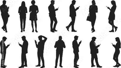 People silhouettes using smartphones collection, men and women standing and walking casual poses texting browsing mobile phones isolated on white background lifestyle vector illustration