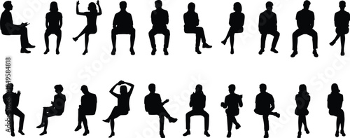 Sitting people silhouettes collection, men and women seated talking gesturing clapping isolated on white background human vector illustration set