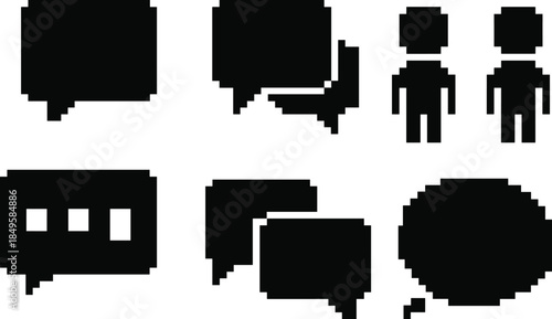 pixel, art, icons, communication, speech, bubble, chat, message, dialogue, human, interaction, black, vector, illustration, retro, digital, minimal, social, symbol, graphic