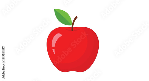 Vibrant Red Apple with Green Leaf on White Background.