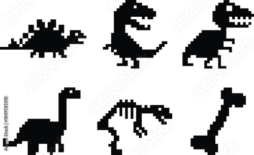 pixel, art, icons, dinosaur, silhouette, fossil, bone, prehistoric, T-Rex, Stegosaurus, Brachiosaurus, skeleton, black, vector, illustration, retro, extinct, creature, ancient, reptile