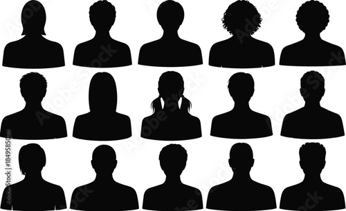 People avatar silhouettes collection, male and female head and shoulders profile icons isolated on white background human vector illustration set