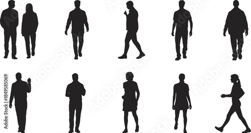 silhouette, people, walking, standing, pose, gesture, motion, posture, black, vector, illustration, casual, lifestyle, diverse, movement, body, language, professional, attire, dynamic