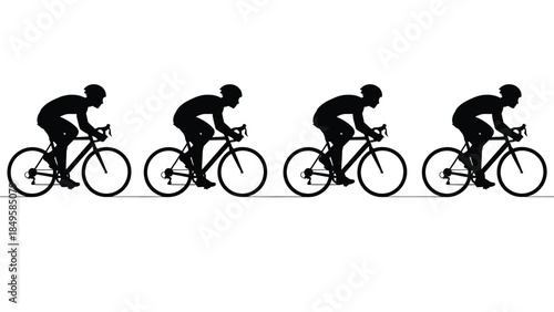 Set of four professional road cyclists in silhouette and outline views demonstrating competitive racing positions for graphic design use