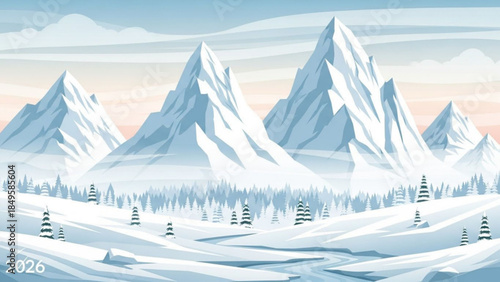 Snowy mountain range with pine trees and a frozen river winter landscape illustration for travel and nature concepts serene arctic scene