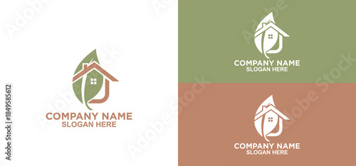 Eco Home Logo: Stylish House Emblem With Leaf Elements For Green Living Brand