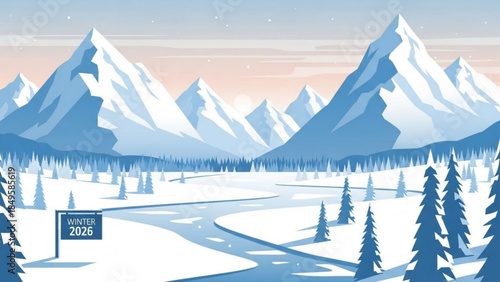 Winter landscape with snow-capped mountains frozen river and pine trees a serene natural scene for seasonal and travel themes