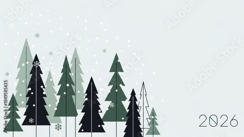 Minimalist pine trees in a snowy forest abstract winter landscape illustration for New Year 2026 greeting cards and seasonal design