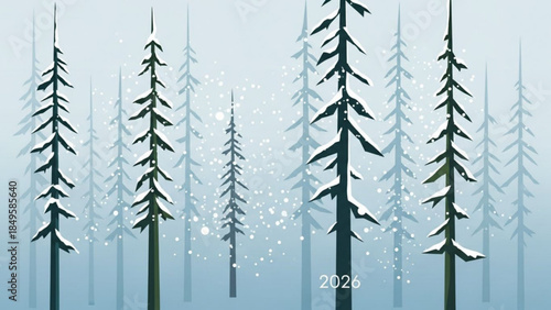 Snow covered pine trees in a winter forest atmospheric landscape illustration with falling snow perfect for holiday and seasonal design