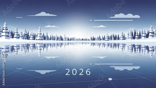 Winter landscape with snow-covered trees reflecting in a calm lake a futuristic concept with the year 2026 clean vector illustration