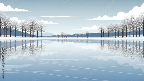 Winter landscape with frozen lake and bare trees serene reflection on ice perfect for seasonal or nature-themed designs