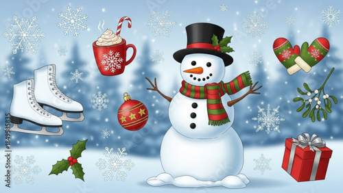 Charming snowman with winter holiday elements including ice skates hot chocolate and gifts perfect for Christmas and New Years designs