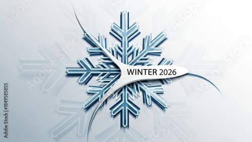 Abstract snowflake with WINTER 2026 text representing the upcoming winter season with a modern icy design
