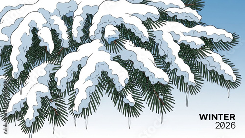 Close-up of snow-covered pine branches with icicles representing winter season and cold weather perfect for holiday and nature themes