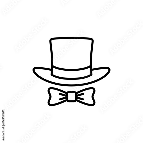 Top hat outline icon with bow tie. Cylinder hat. Vector line art illustration and drawing on a white background.