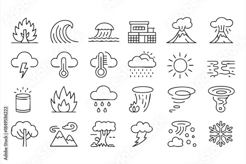 Extreme Weather and Climate Hazard Line Icons for Risk Awareness